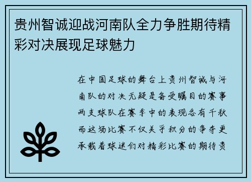 贵州智诚迎战河南队全力争胜期待精彩对决展现足球魅力